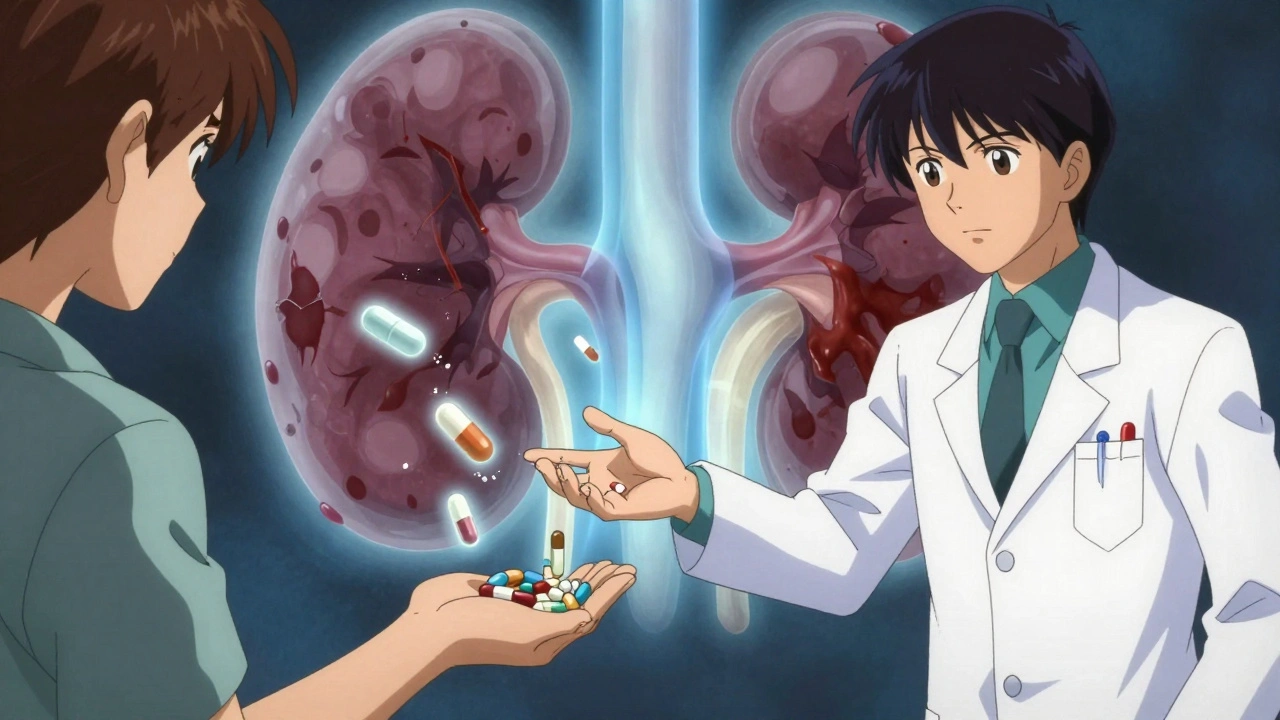 A pharmacist and patient surrounded by floating pills, one glowing and safe, others crumbling, with a symbolic kidney filtering light and dark streams.