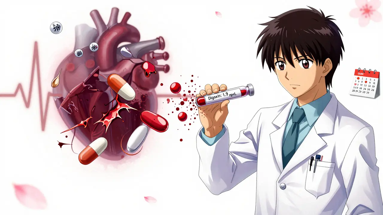 A shattered blood test vial releasing drug symbols and a toxic heart rhythm in anime style.
