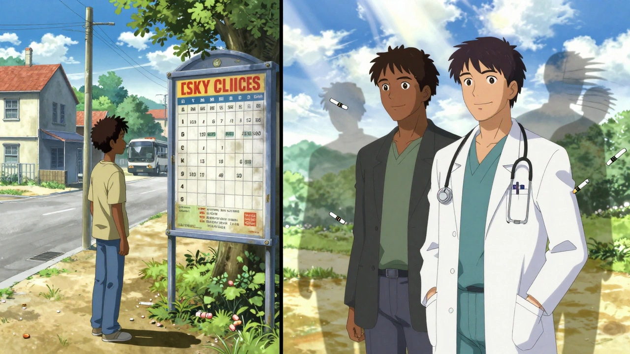 A split scene: a man in rural poverty with a clinic flyer on the left, and the same man smiling after a clean scan on the right, with fading smoker silhouettes.