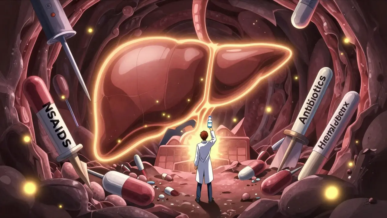 A surreal liver fortress under siege by pill weapons, with a hero holding a glowing antidote vial.