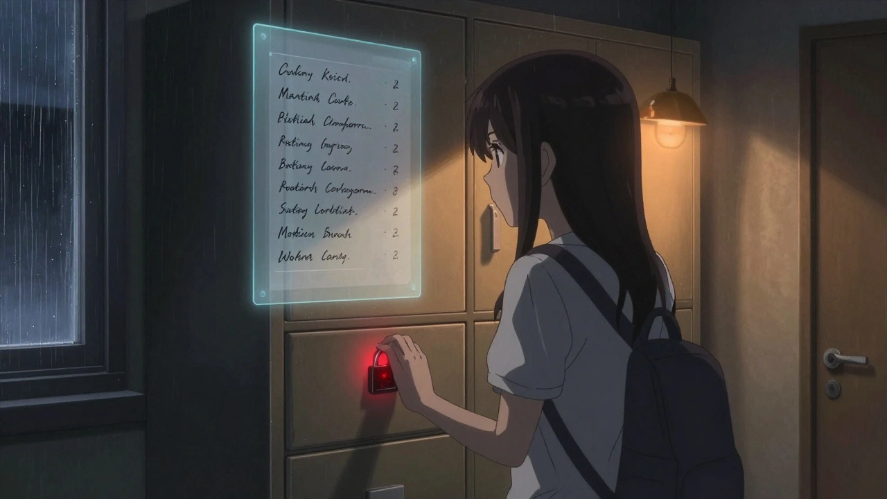 A teenager hesitates before a digital-locked drawer in a hallway closet, with a floating list of medicines nearby.