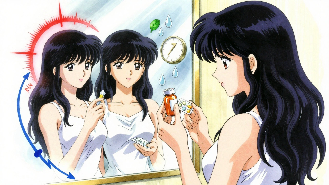 A woman faces a mirror with two spectral versions of herself showing rising and falling INR levels from hormone effects.