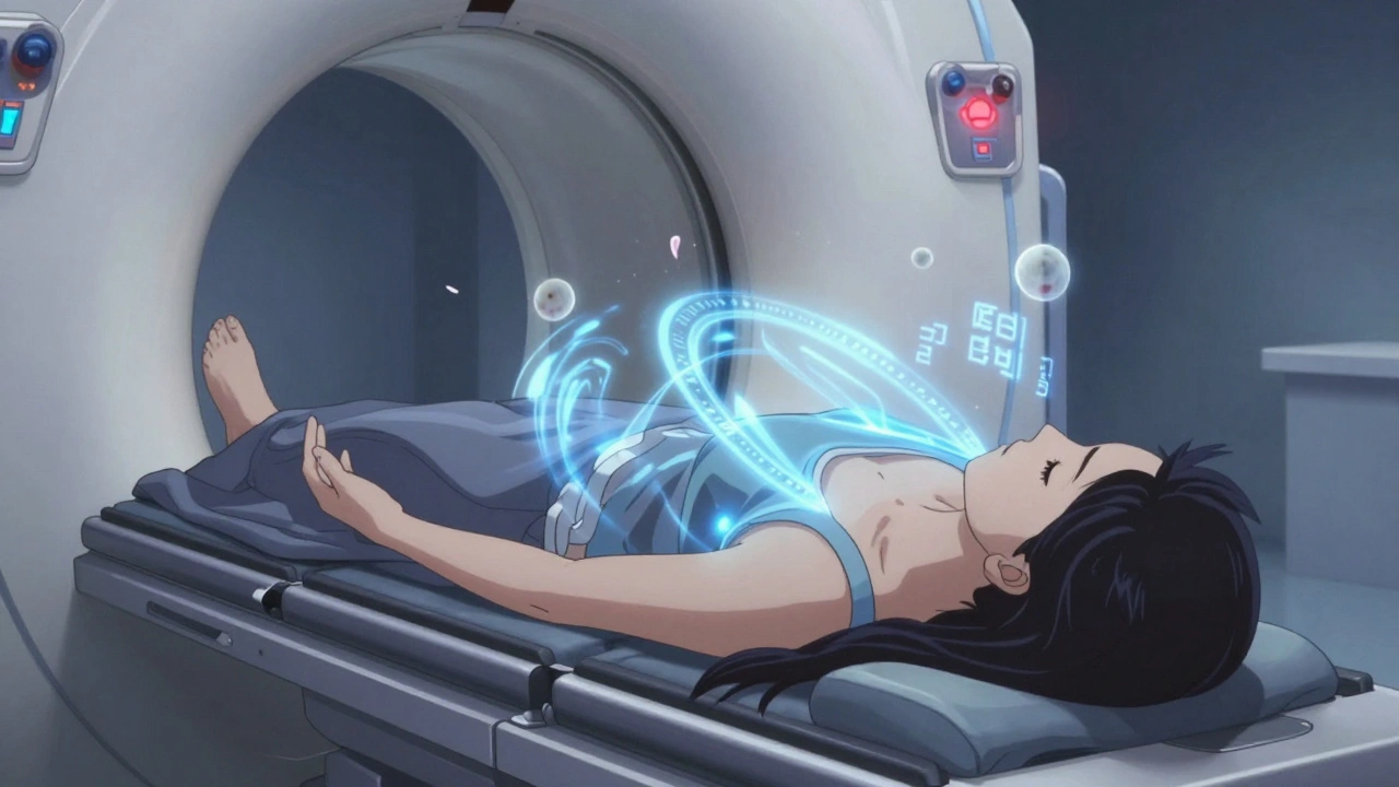 A woman on a CT table with glowing blue scanning rings and floating translucent lung nodules, one faintly red, surrounded by AI glyphs.