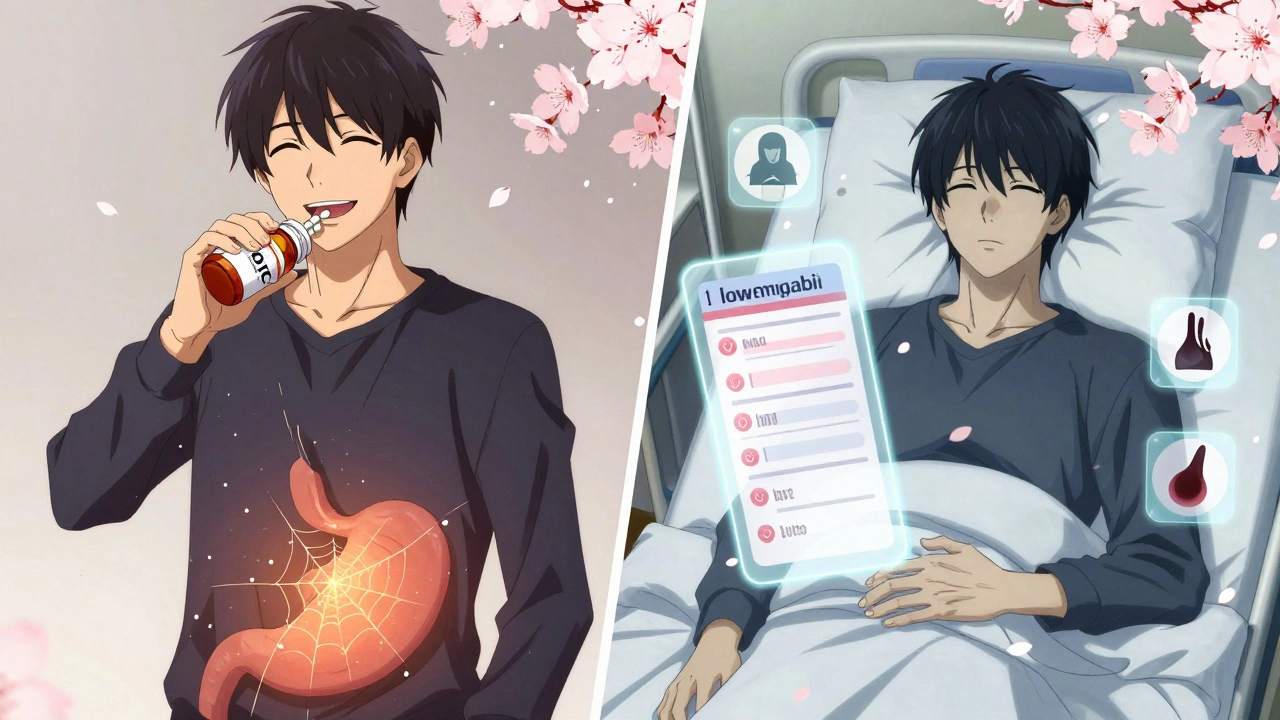 A young man taking ibuprofen, with his stomach cracking open into medical icons of anemia and fatigue.