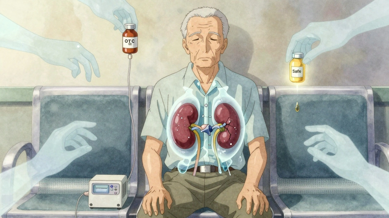 An elderly man with transparent kidneys cracking like porcelain, ghostly medicine bottles reaching toward him.