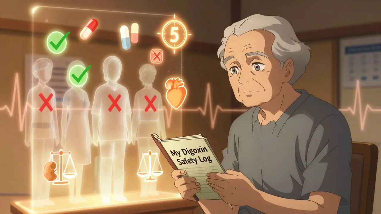 An elderly patient with a safety log surrounded by glowing medical icons and a risk score.