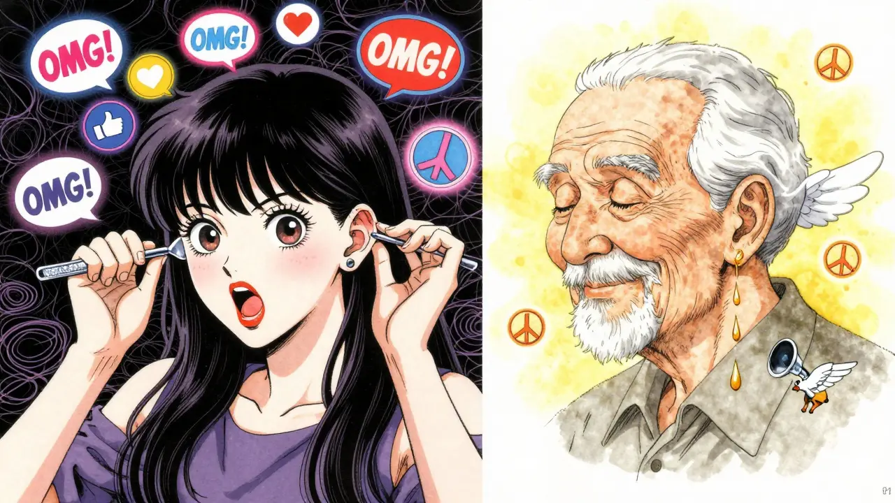 Contrasting TikTok ear picking with safe oil treatment, showing chaos vs. calm in delicate anime illustration.