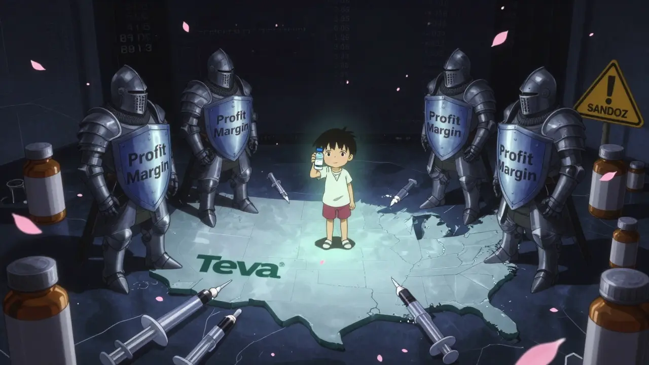 Corporate knights battle over pill bottles on a fractured U.S. map, a child holds the last glowing vial.