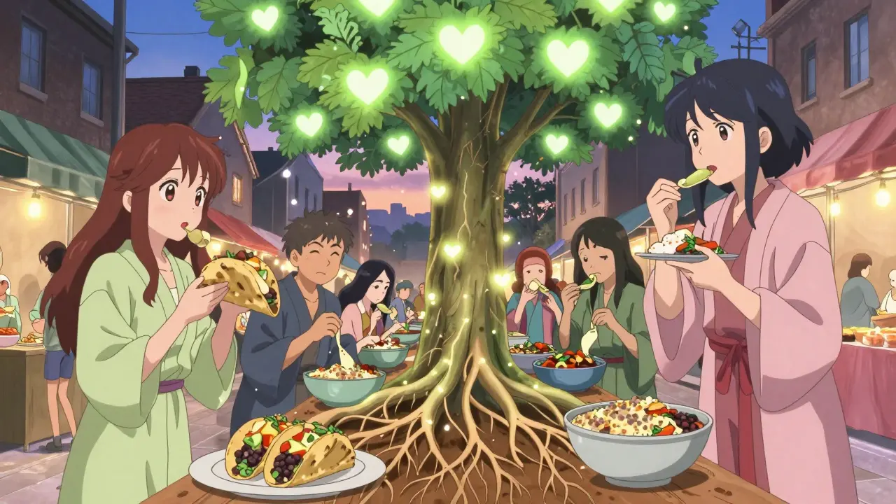 Diverse people sharing plant-based meals under a glowing heart-tree in a vibrant market at dusk.
