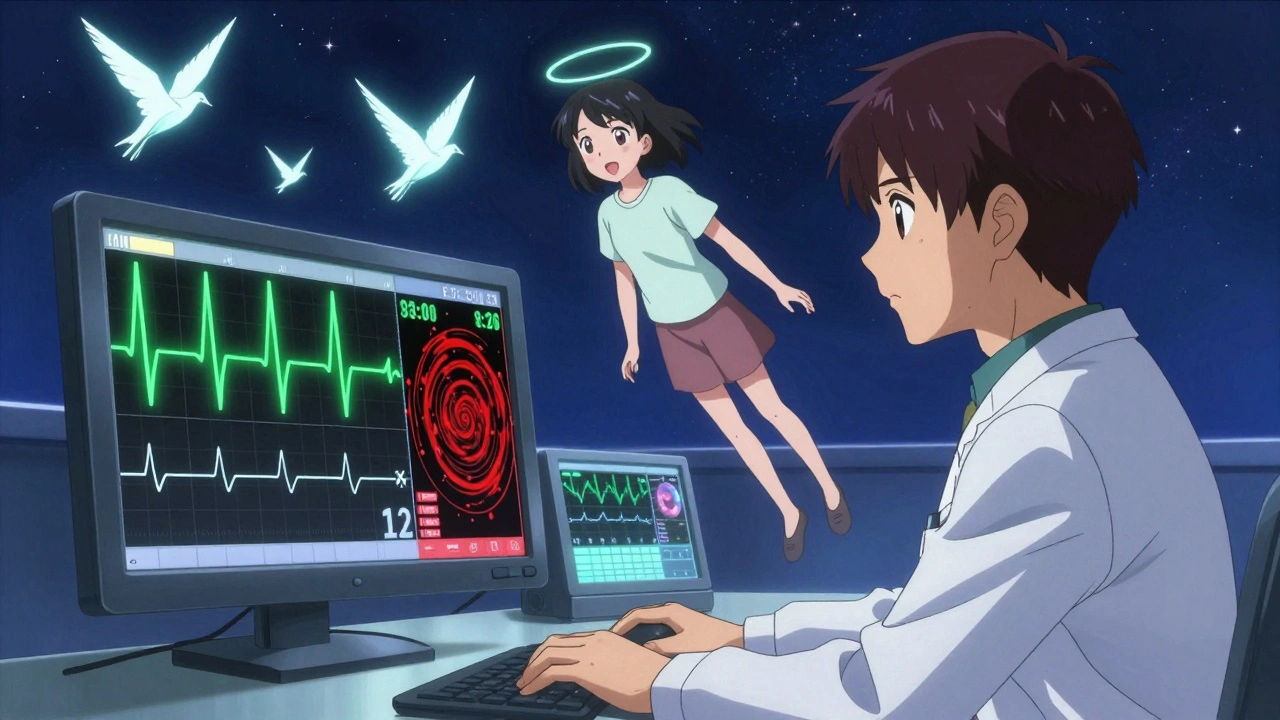 Doctor facing split ECG paths — normal vs. chaotic rhythm — with genetic halo and AI cranes, neon medical lighting.