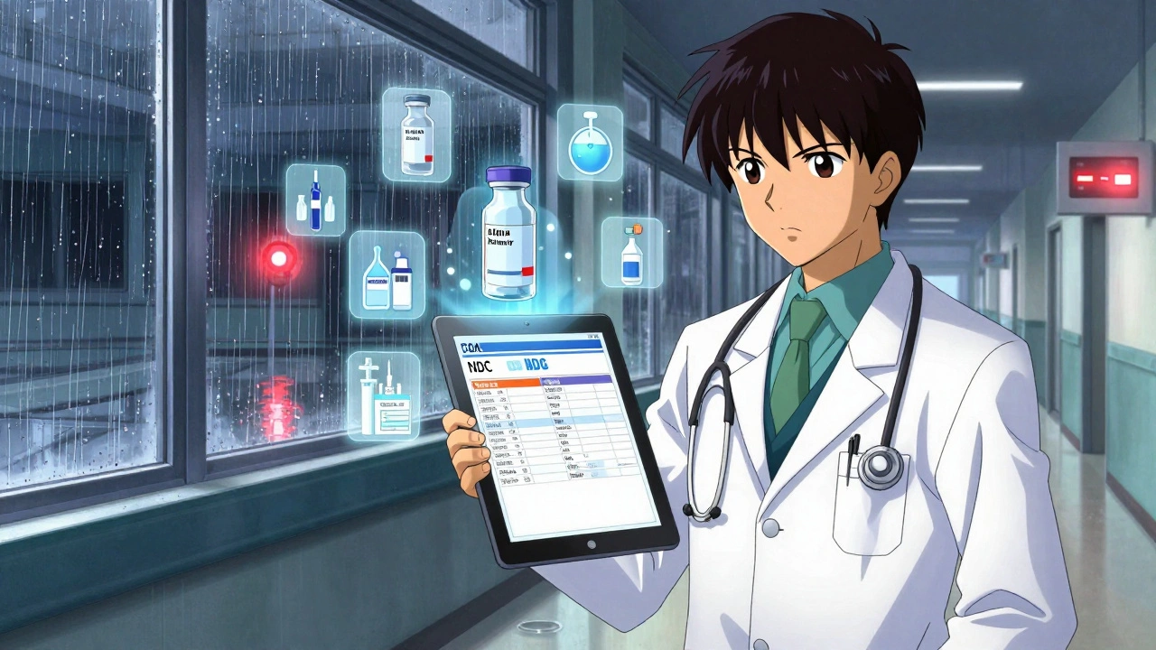 Doctor viewing FDA database on tablet with holographic drug icons in hospital rain-lit hallway.