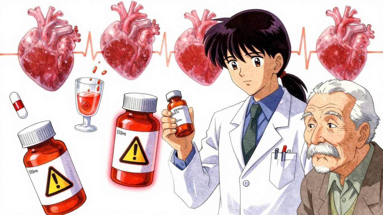 Elderly man surrounded by floating pills and warning icons, pharmacist holding medication, grapefruit juice dripping nearby.