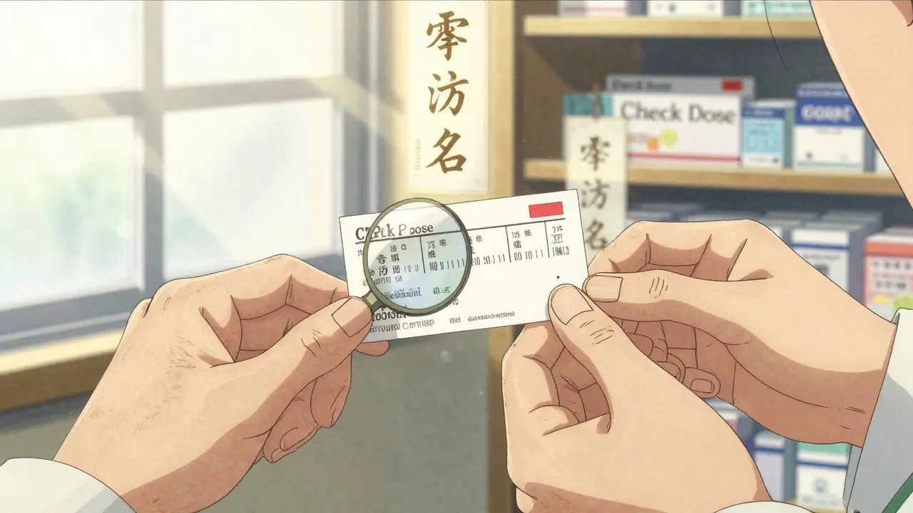 Elderly man using magnifying card to read prescription label as pharmacist offers large-print version.