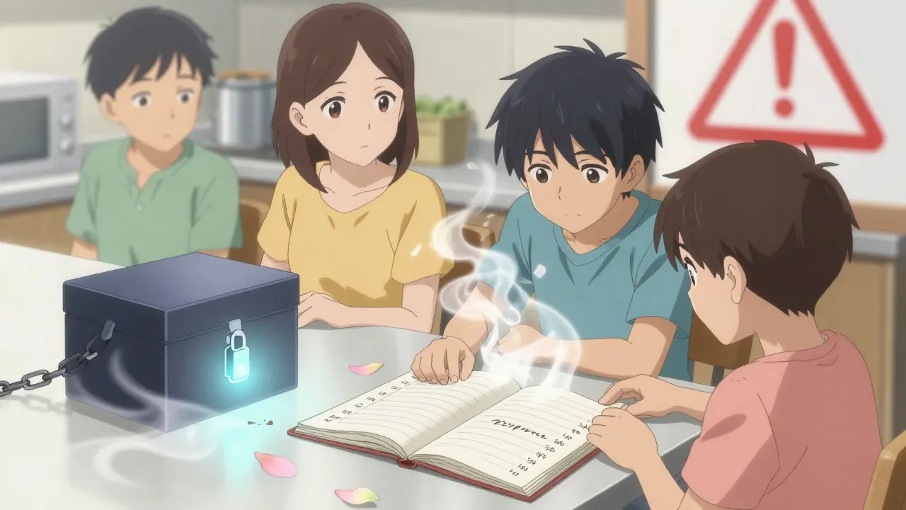 Family near kitchen counter with pill log and glowing lockbox as child hesitates to reach.