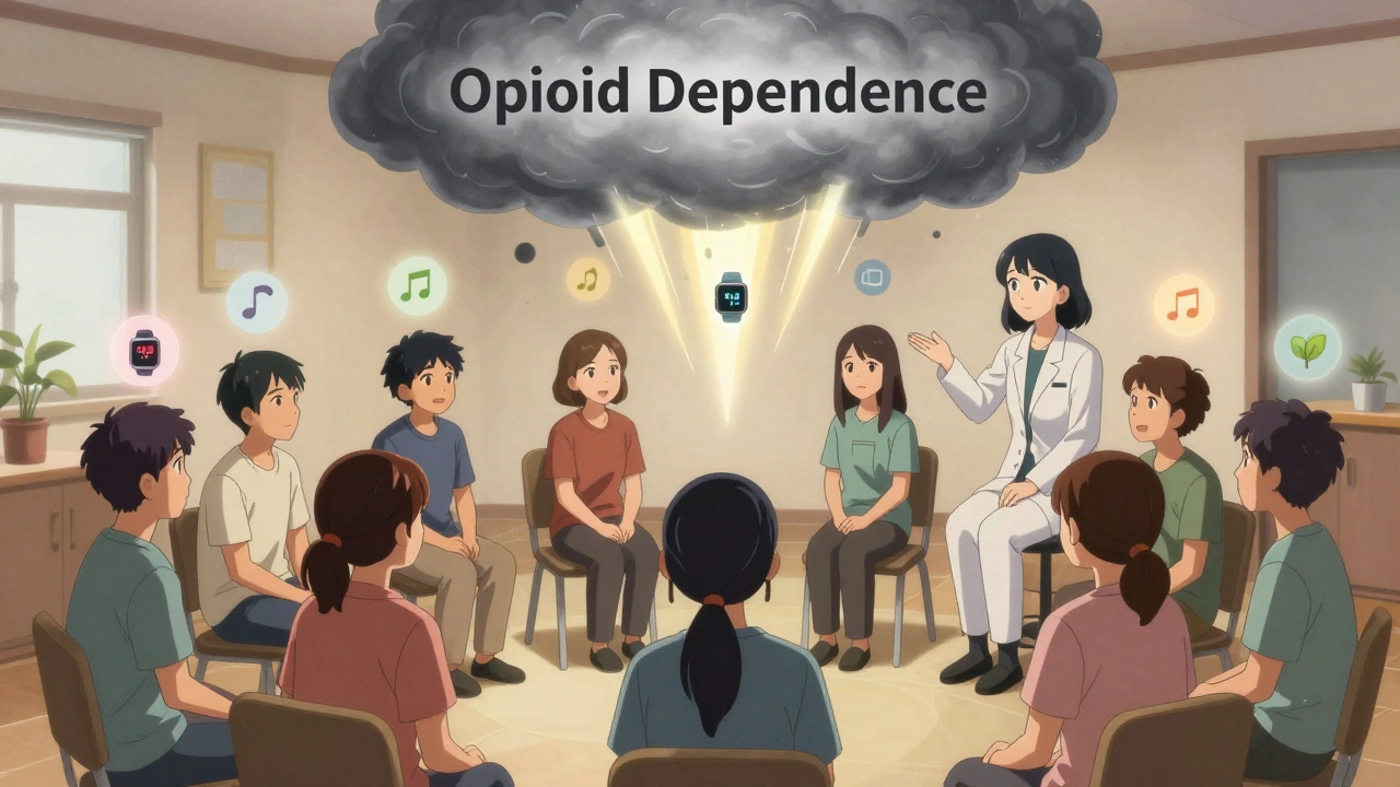 Group therapy with floating icons of tech and growth, storm cloud fading as light breaks through in anime style.