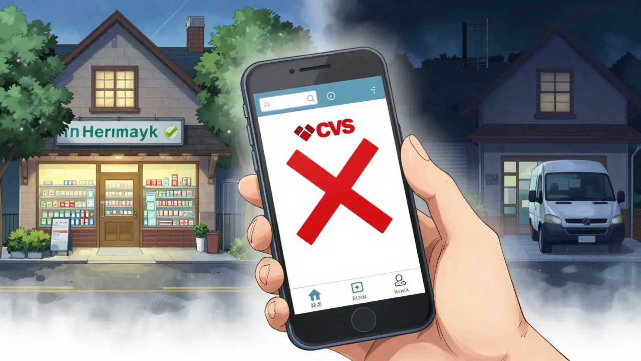 Hand holding phone showing pharmacy network app with red X over CVS, split scene of in-network vs out-of-network pharmacies.