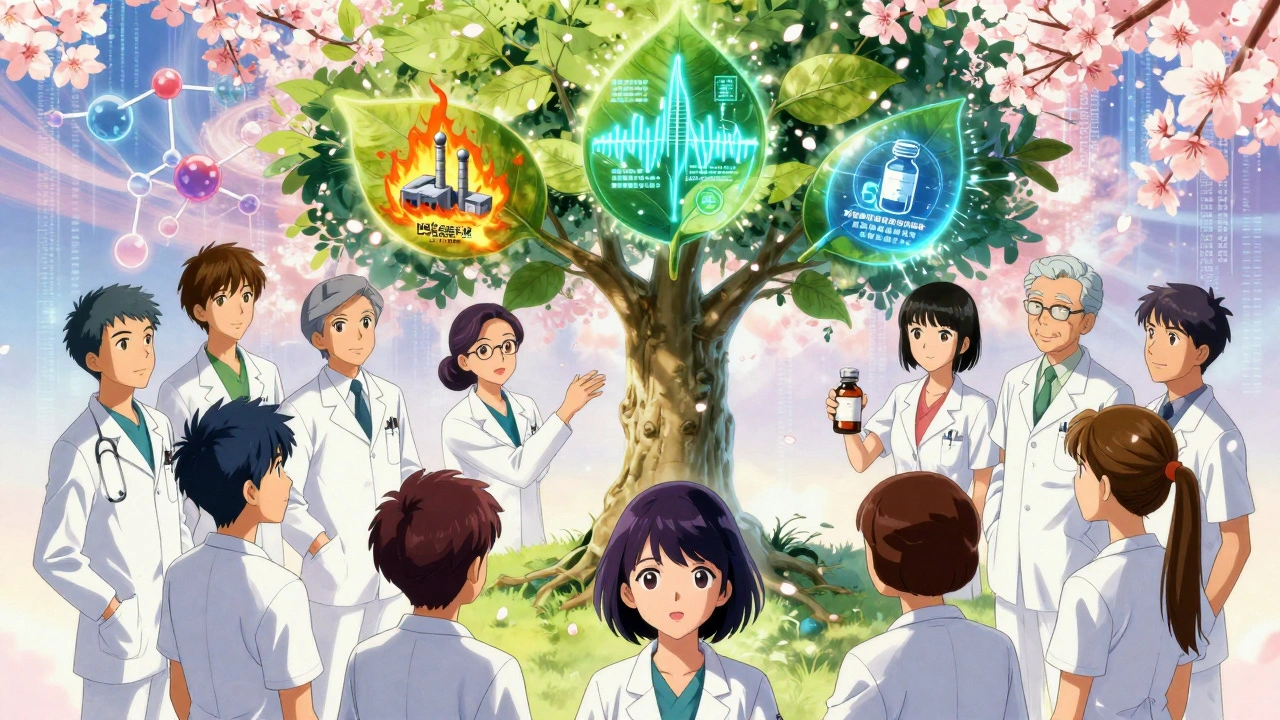 Healthcare workers and patients gathered under a digital tree of drug shortage alerts in CLAMP anime style.
