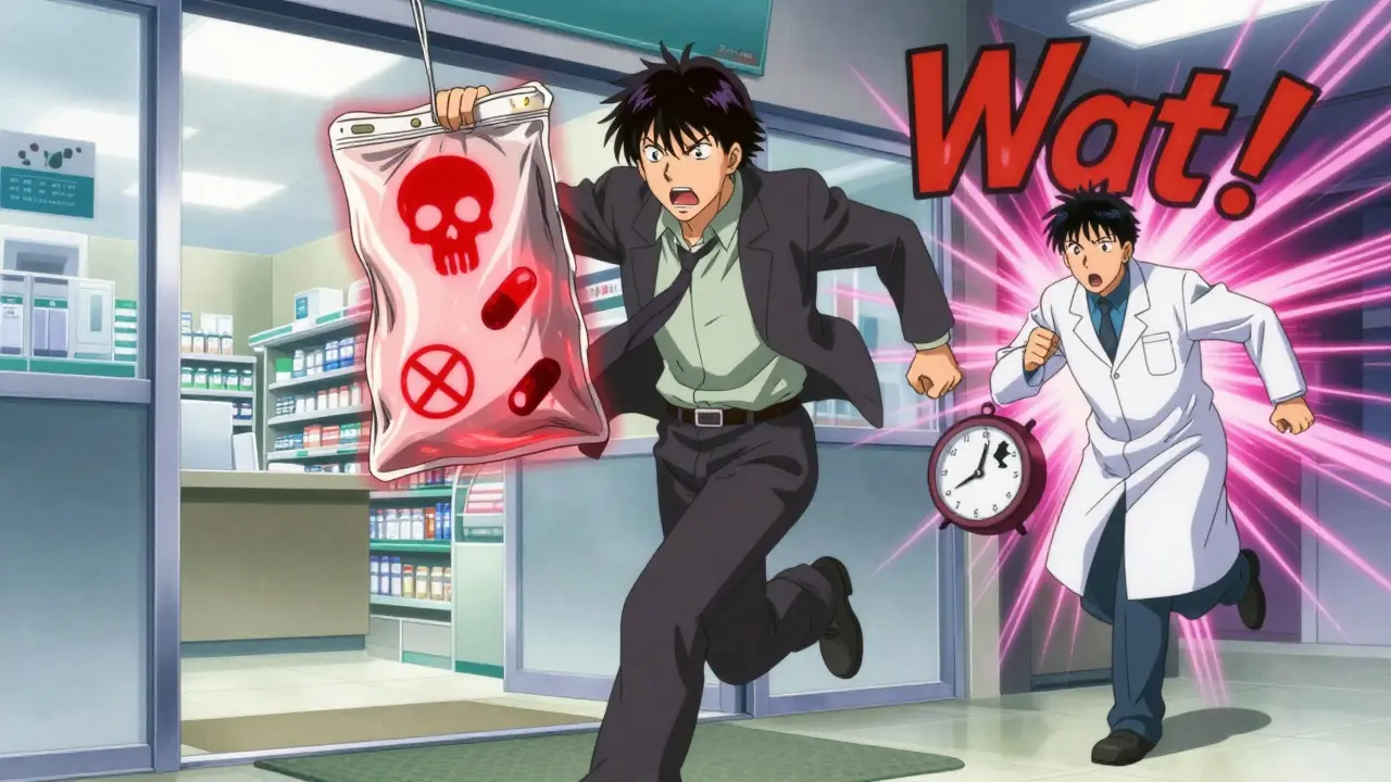 Man frozen at pharmacy exit as warning symbols float from his medication bag, pharmacist rushing to help.