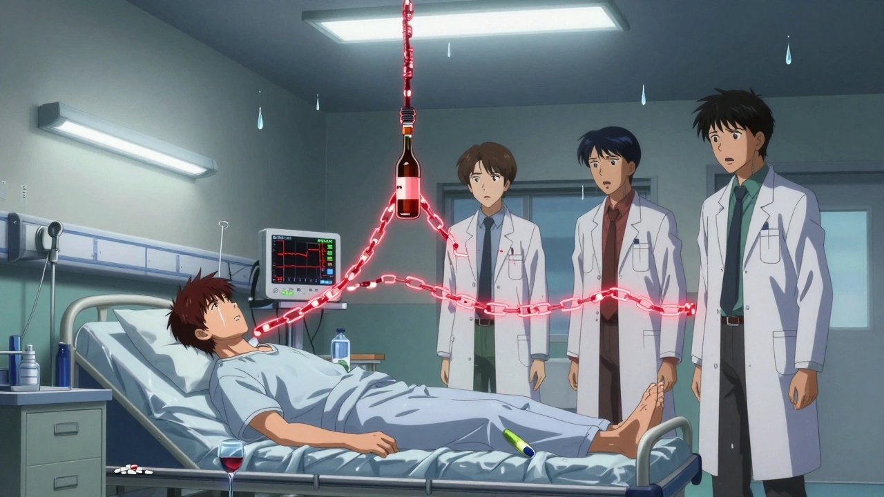 Medical staff stare in shock at a flatlining monitor, alcohol and pills scattered on the floor as spectral chains form a noose.