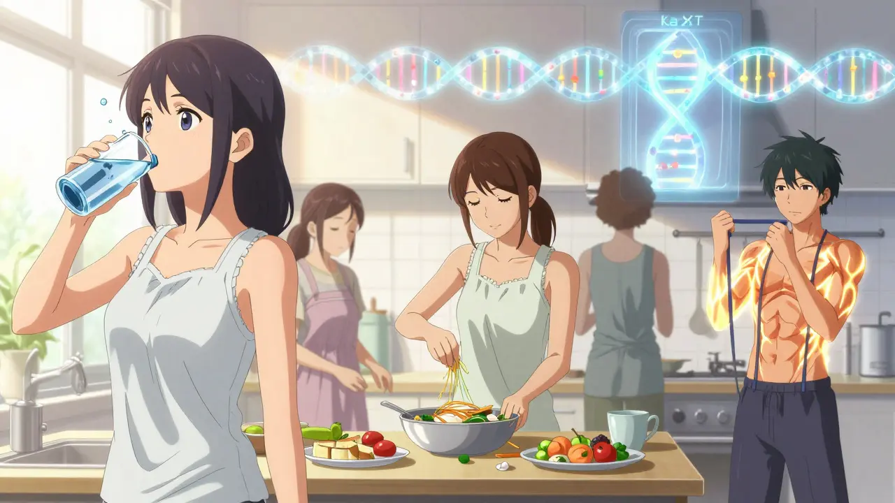 People practicing healthy habits with glowing DNA and medication symbols, in soft CLAMP anime style.