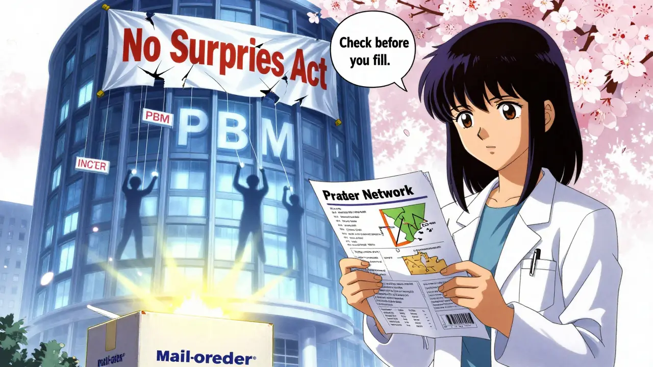 Person holding printed pharmacy network list before a corporate PBM building, mail-order box glowing in foreground.