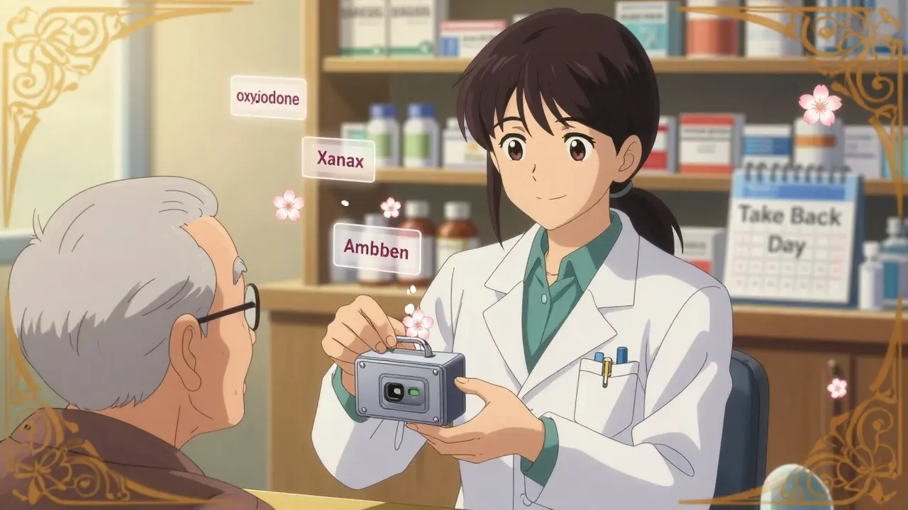 Pharmacist giving lockbox to elderly person with floating medication labels like cherry blossoms.