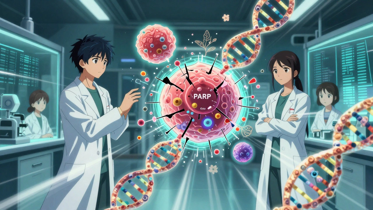 Scientists analyze a fracturing tumor model showing targeted therapies, with neon hues and flowing robes.