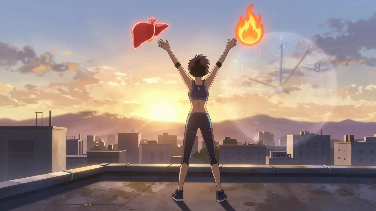 Someone on a rooftop at dawn with glowing metabolic icons and a fading clock behind them.