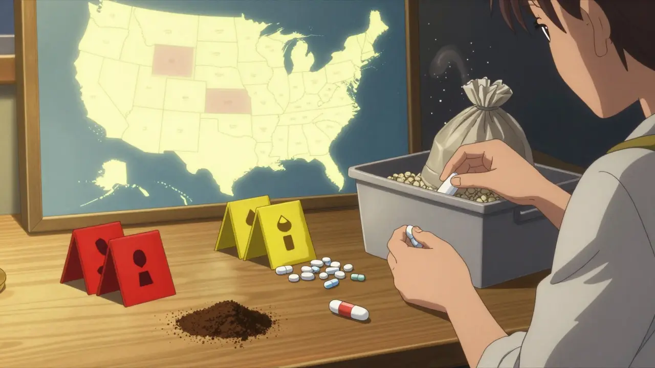 Someone sorting medications at night into three piles, with a glowing map of U.S. disposal sites in the background.
