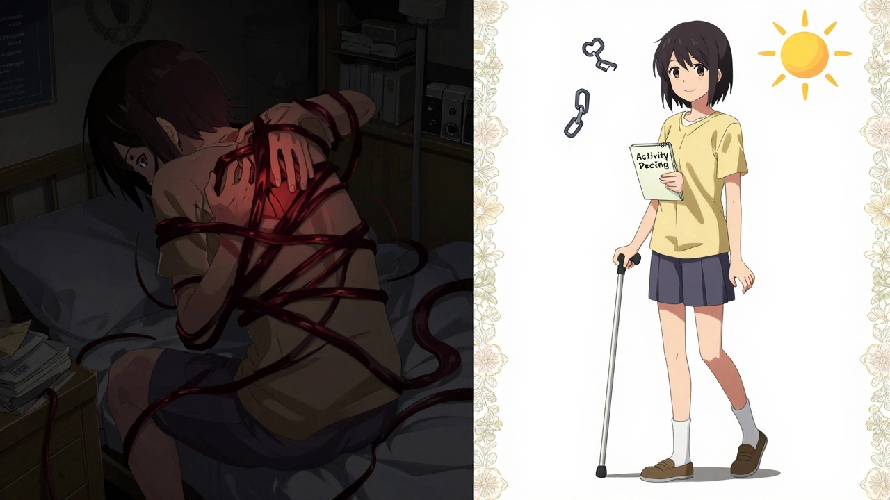 Split scene: dark room with pain shadows vs. sunlit walk with notebook, symbolizing progress in chronic pain management.