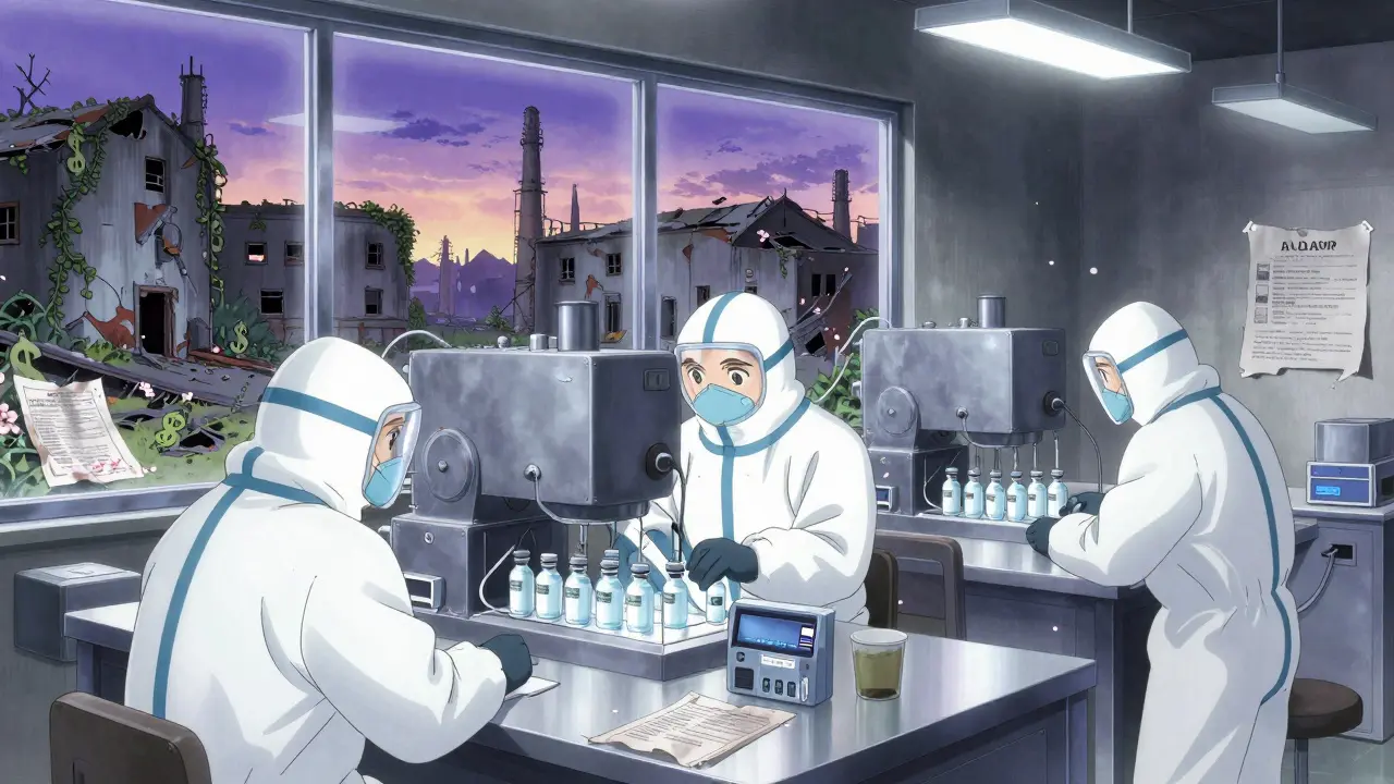 Three workers operate insulin machines in an abandoned factory, ruins of other plants covered in dollar vines.