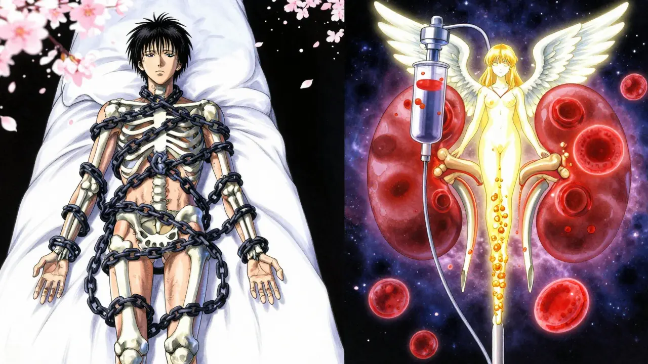 Two contrasting pathways: blocked iron chains vs. flowing IV iron merging with red blood cells, set against a kidney nebula.