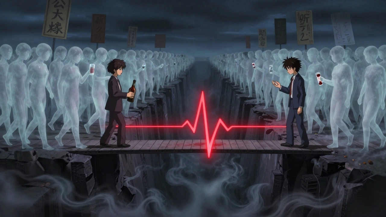 Two figures approach each other across a bridge of light, surrounded by thousands of blind figures walking toward a dark chasm.