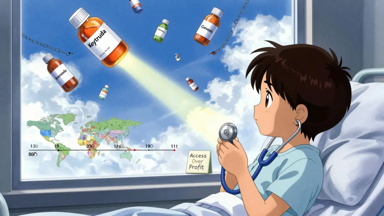 A child looks out a window at floating medicine bottles with different expiry timelines, symbolizing global access disparities.