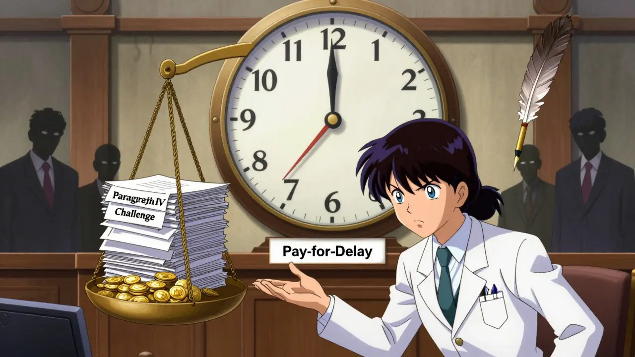 A dramatic courtroom scene with a ticking 180-day clock and pay-for-delay coins balancing against legal documents.