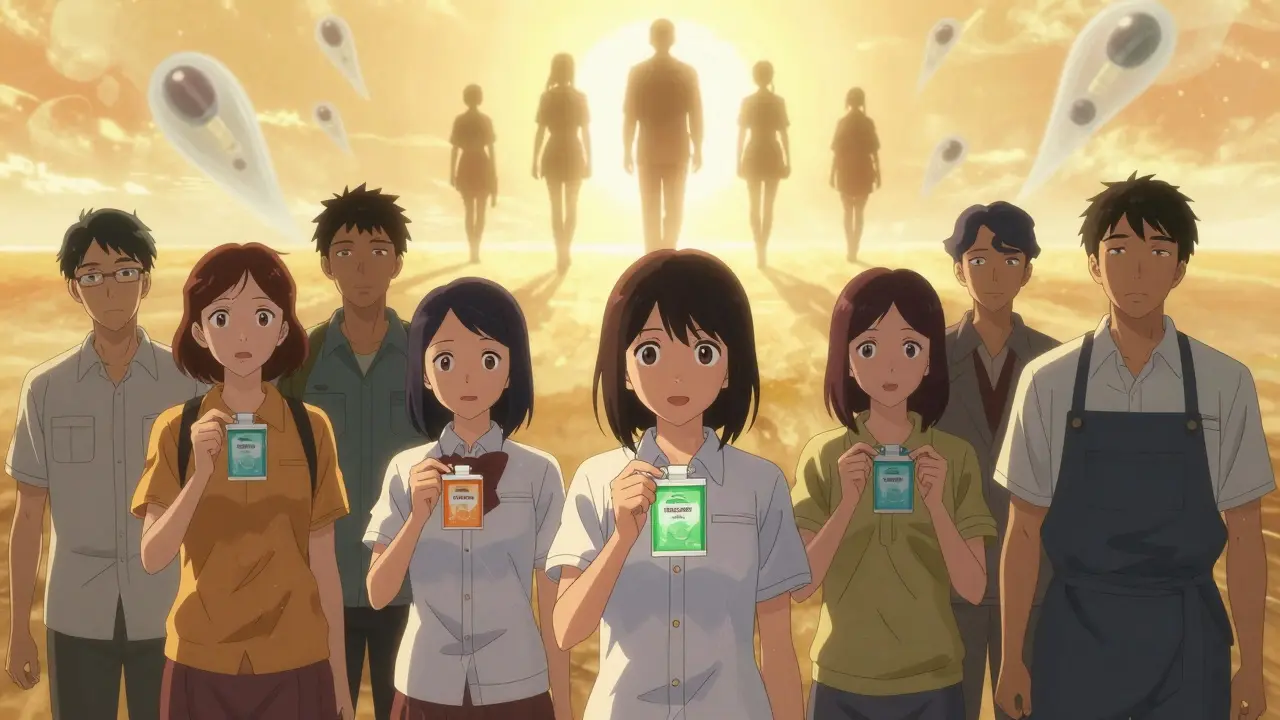 A group of people hold naloxone kits, standing together as silhouettes of saved lives walk toward a hopeful horizon.