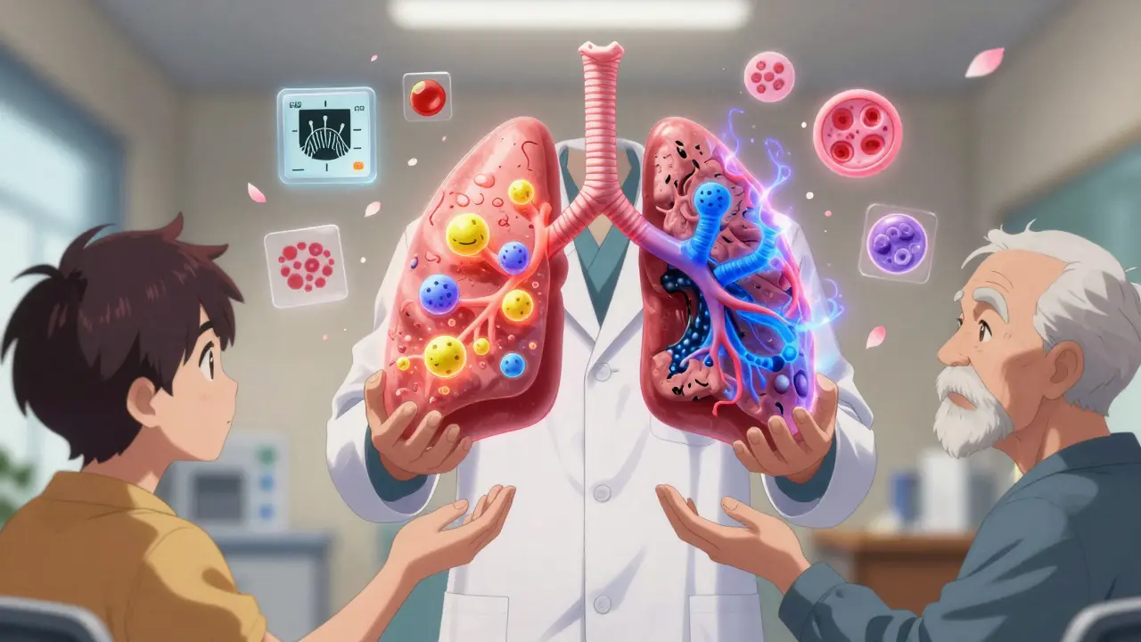 A medical examiner comparing glowing asthma and COPD lungs, with a hybrid ACOS lung pulsing between them.
