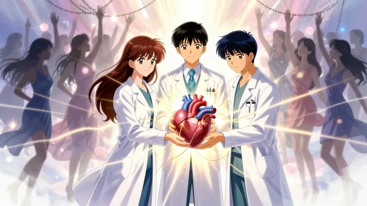 A medical team healing a fractured bladder and ovary with golden light, surrounded by women breaking free from chains.