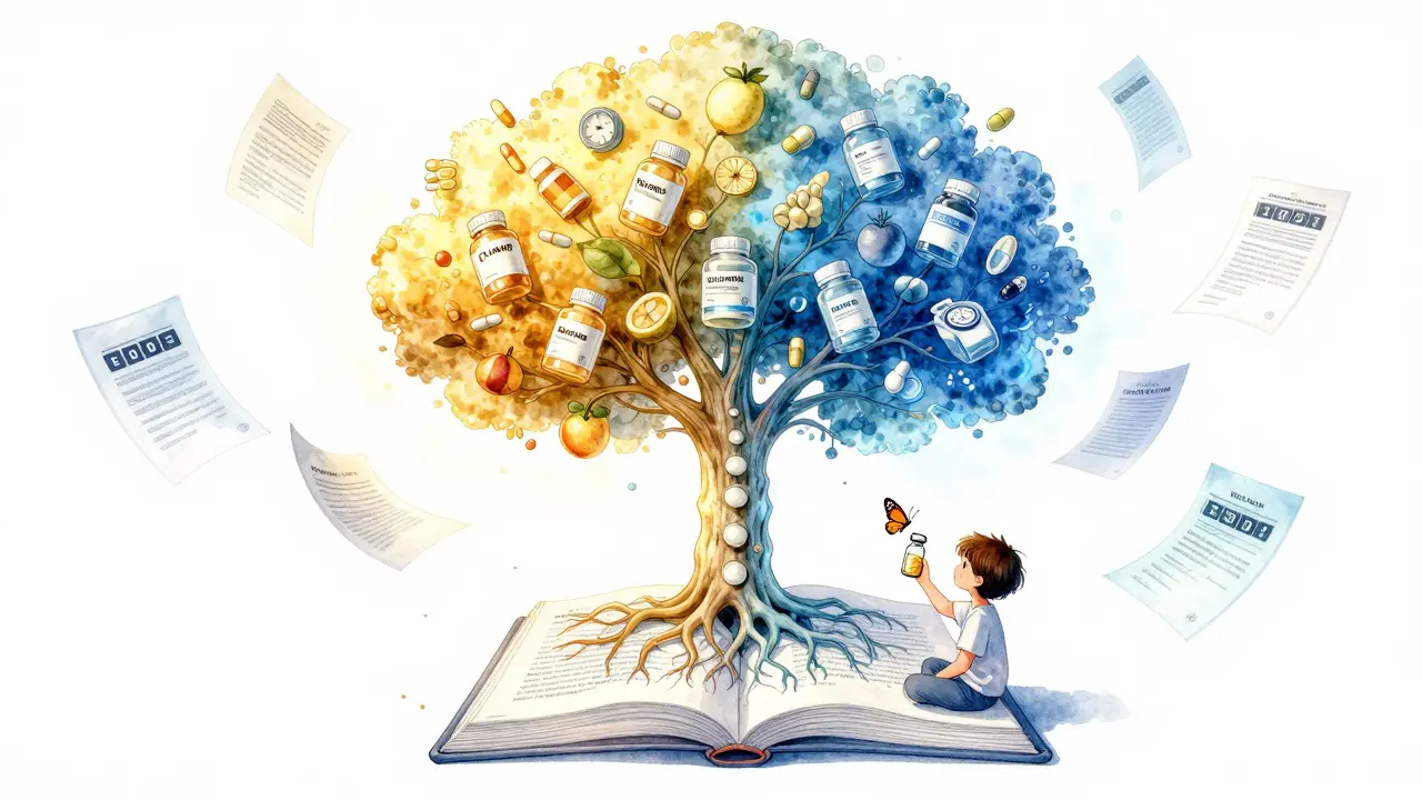 A mystical tree grows from FDA regulations, bearing brand and generic drug fruit, with a patient below as a butterfly forms.