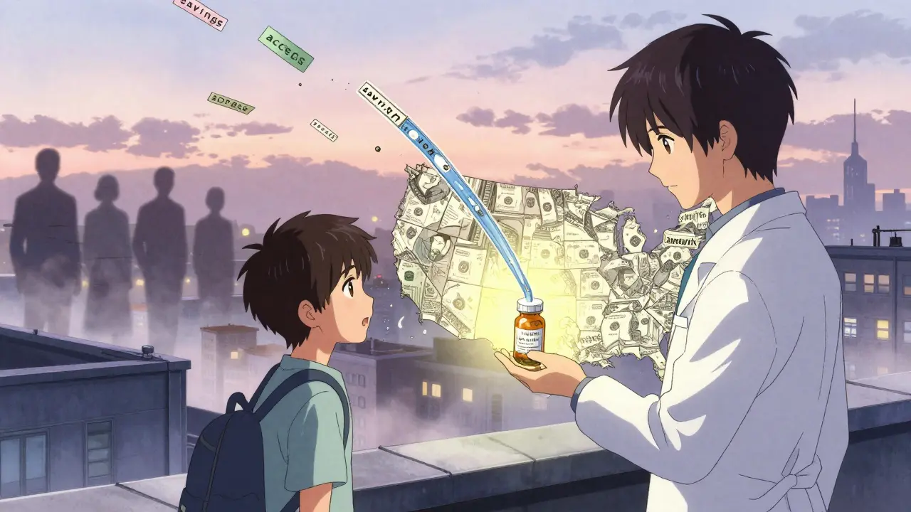 A patient holding a generic pill on a hospital rooftop as savings flow across a map of America in soft light.