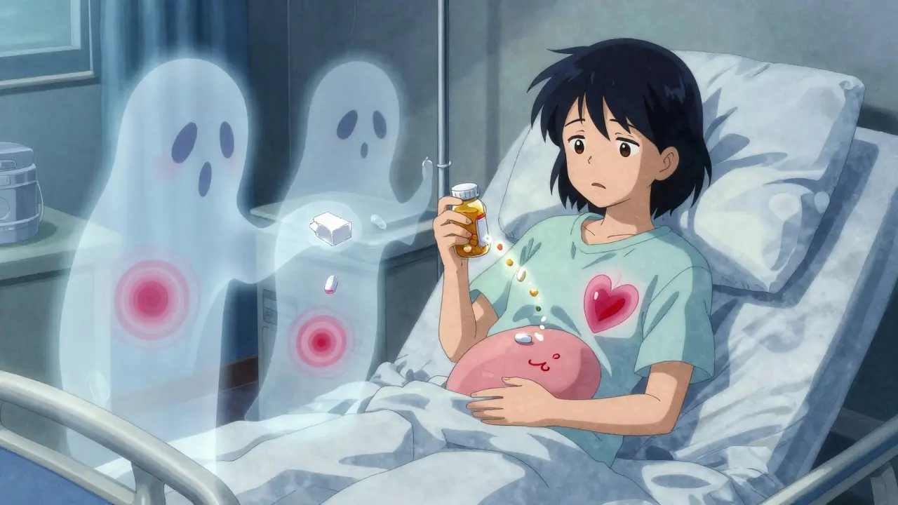 A person holding a pill bottle at night, surrounded by ghostly symbols of side effects from inactive ingredients.
