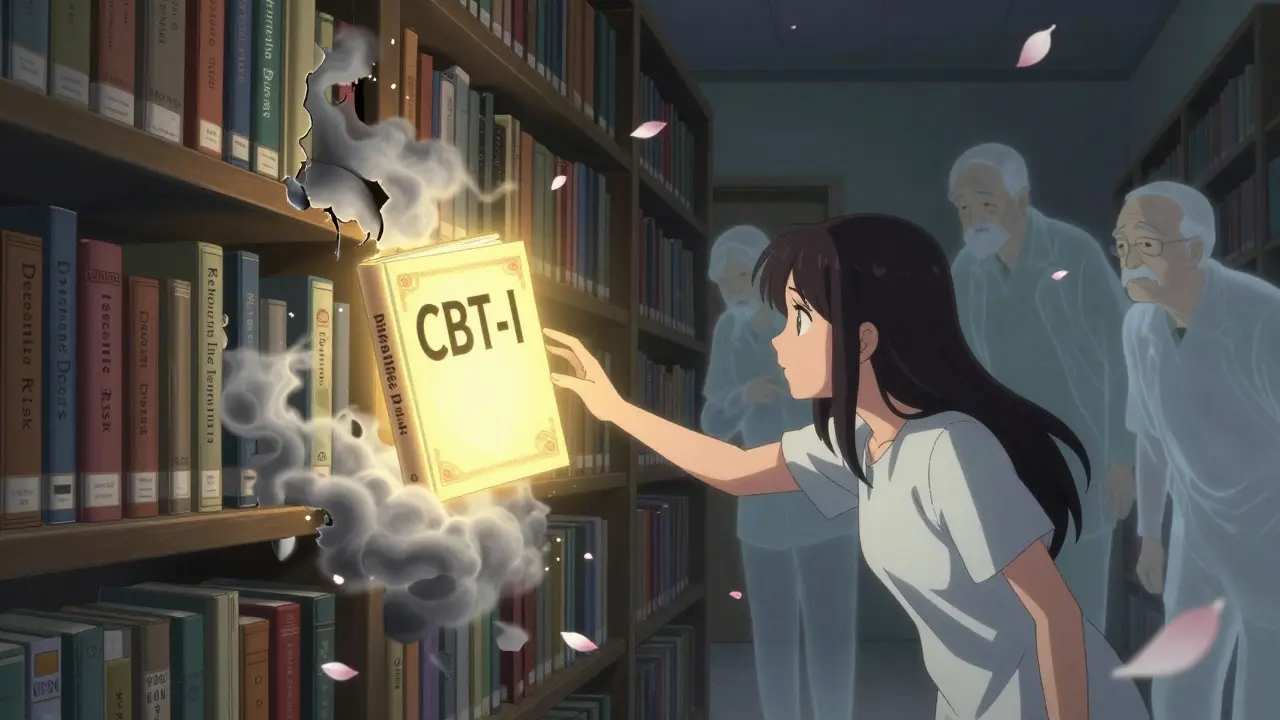 A person reaches for a glowing book on sleep therapy as other books crumble into ash around them.