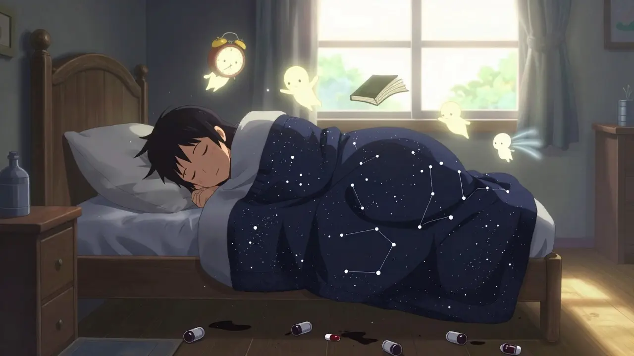 A person sleeps peacefully as gentle spirits of healthy sleep habits glow above them, while pill bottles sink below.
