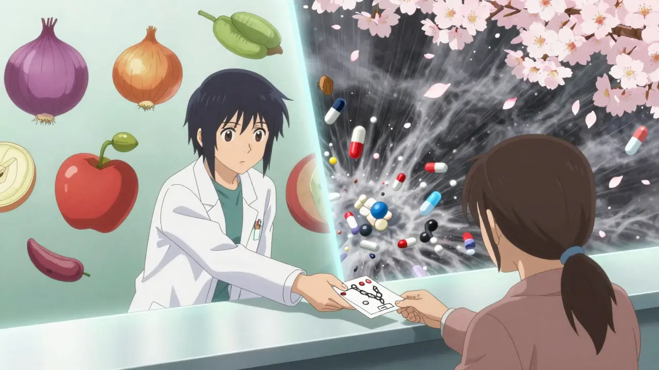 A pharmacist gives a warning card while behind them, healthy foods glow peacefully beside chaotic drug interactions.