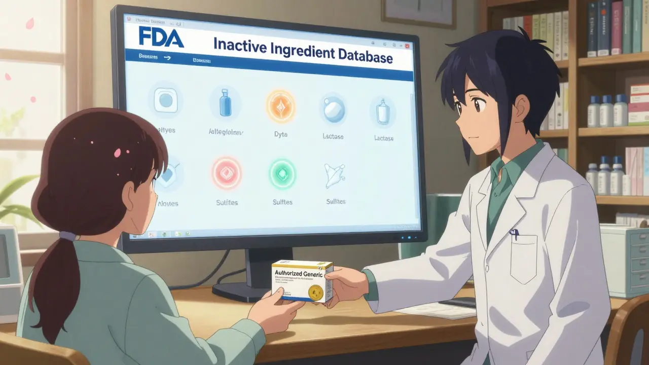 A pharmacist handing a patient an authorized generic pill box, with a digital database glowing in the background.