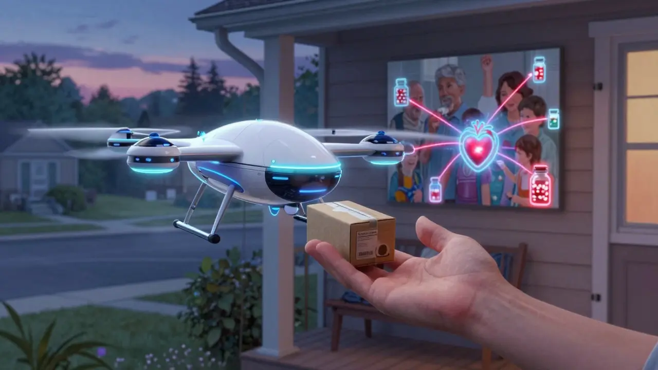 A pharmacy drone delivers medication to a home as glowing lines connect pills to a central AI heart.