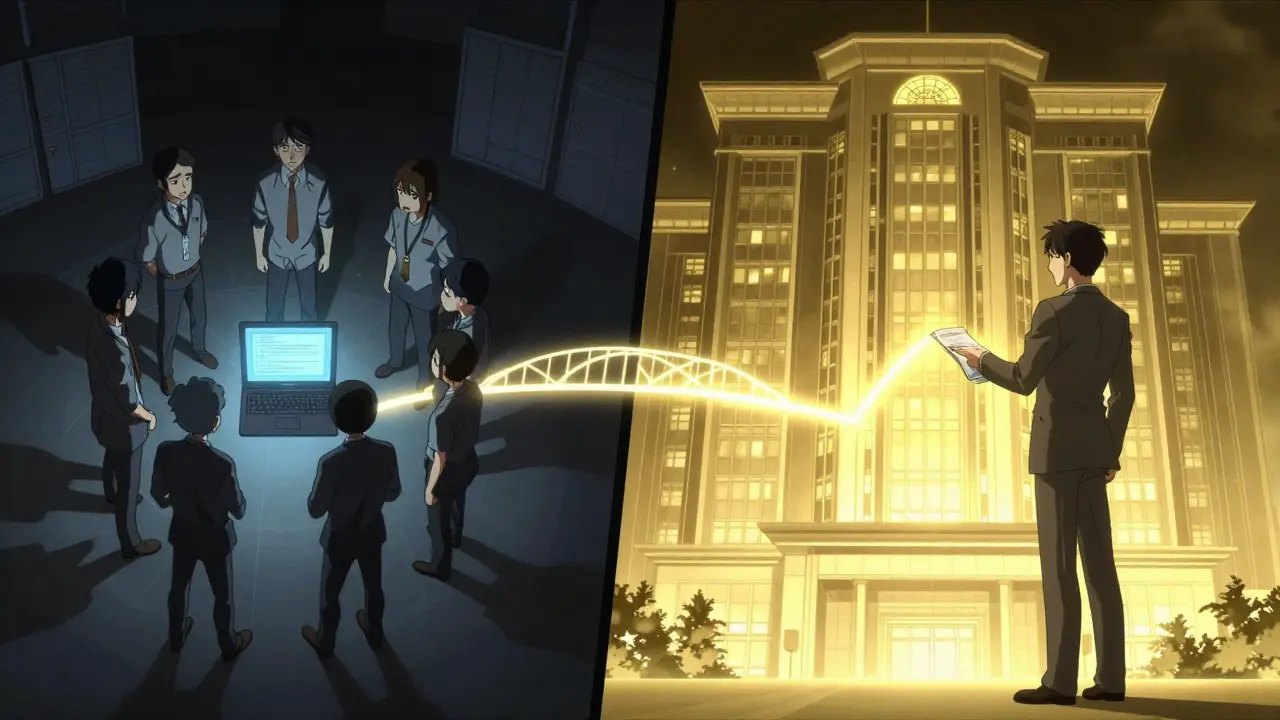 A small biotech team faces a giant pharma company, with a glowing bridge symbolizing cross-licensing collaboration.