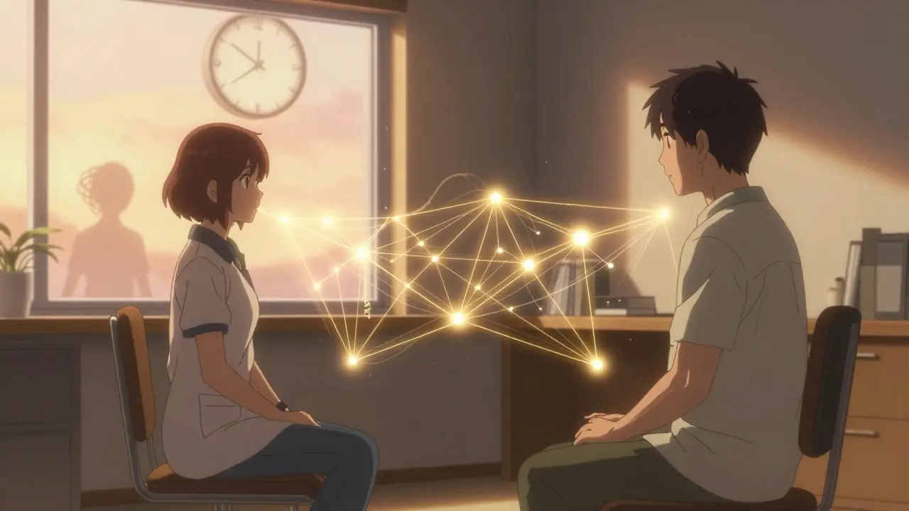 A therapist and patient connected by glowing golden threads representing CBT-I techniques in a calm, sunlit office.