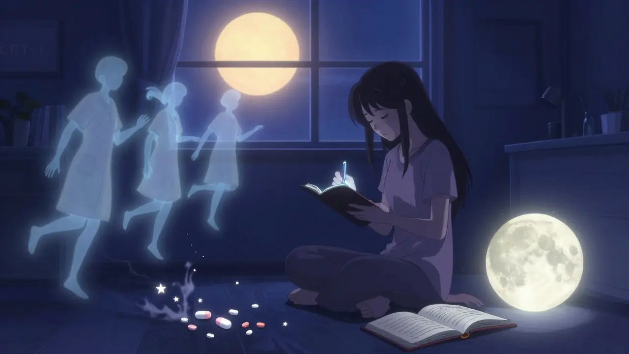 A woman journaling sleep patterns at night, surrounded by calming spirits and dissolving pills as dawn approaches.