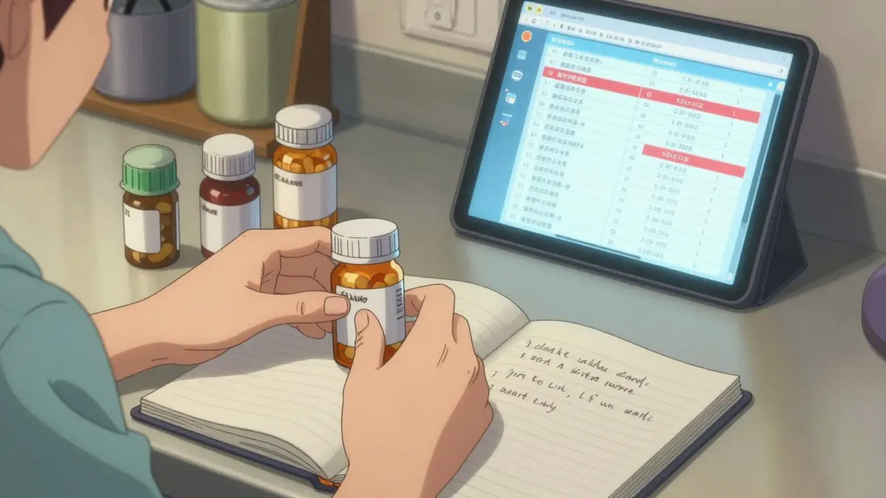 A woman organizes her pills and supplements on a counter with a handwritten list, emphasizing accurate medication tracking.